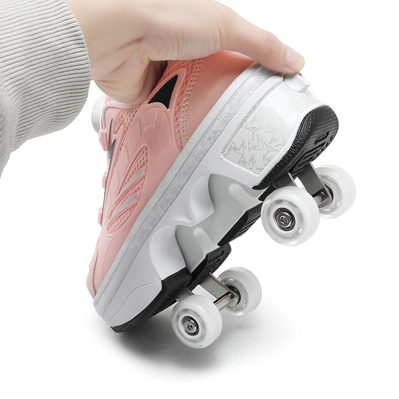 Double-Row Four-Wheel Roller Skating Shoes LED Flash Dual-Use Roller Shoes Men Women Casual Sneakers Sport Walking dog Shoes