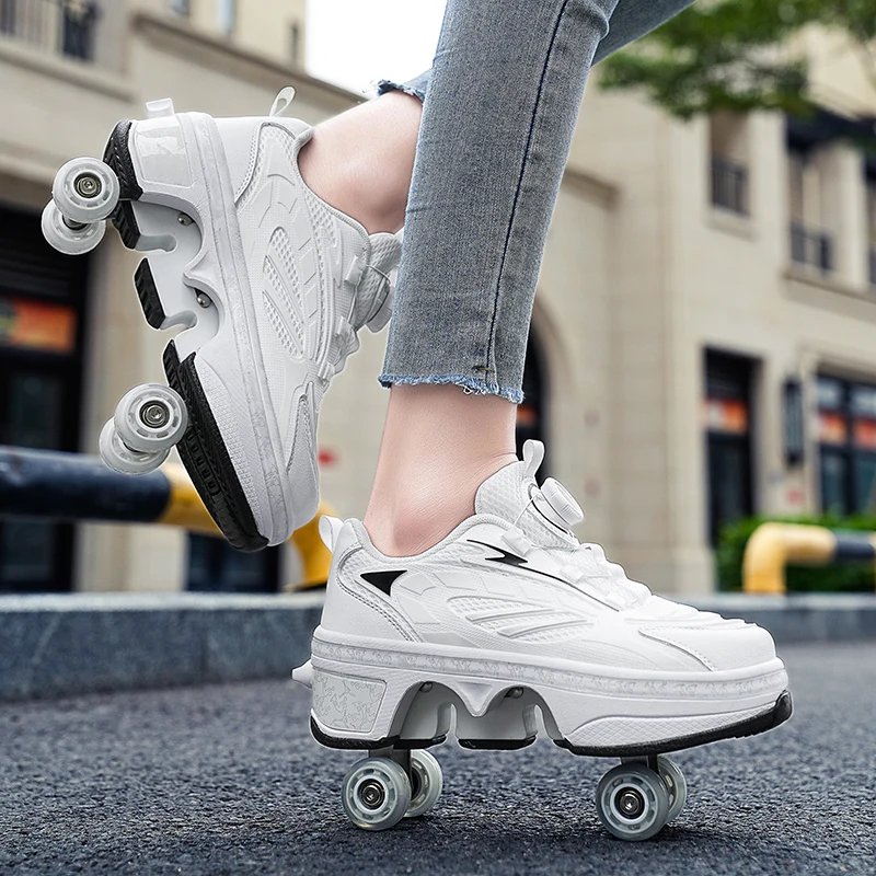 Double-Row Four-Wheel Roller Skating Shoes LED Flash Dual-Use Roller Shoes Men Women Casual Sneakers Sport Walking dog Shoes