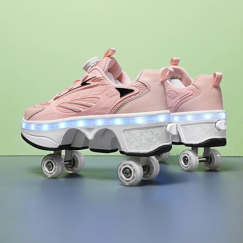 Double-Row Four-Wheel Roller Skating Shoes LED Flash Dual-Use Roller Shoes Men Women Casual Sneakers Sport Walking dog Shoes