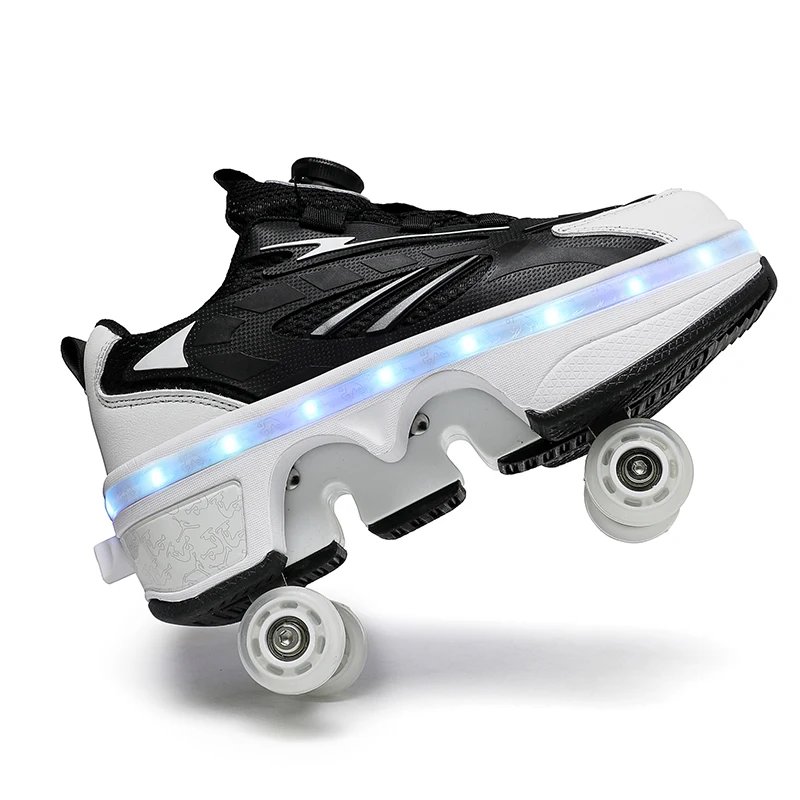 Double-Row Four-Wheel Roller Skating Shoes LED Flash Dual-Use Roller Shoes Men Women Casual Sneakers Sport Walking dog Shoes