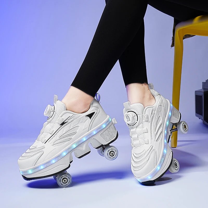 Double-Row Four-Wheel Roller Skating Shoes LED Flash Dual-Use Roller Shoes Men Women Casual Sneakers Sport Walking dog Shoes