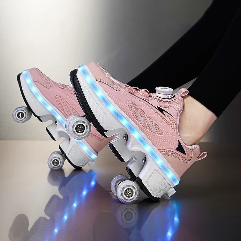 Double-Row Four-Wheel Roller Skating Shoes LED Flash Dual-Use Roller Shoes Men Women Casual Sneakers Sport Walking dog Shoes