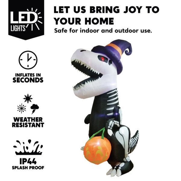 Joyfy 8 FT Halloween Inflatable Skeleton Dinosaur with Build-in LEDs Pumpkin for Halloween Outdoor Blow up Yard Decorations - Image 3