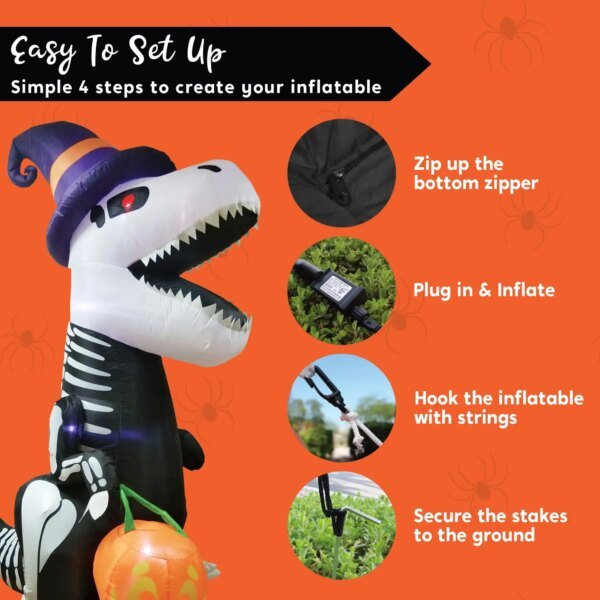 Joyfy 8 FT Halloween Inflatable Skeleton Dinosaur with Build-in LEDs Pumpkin for Halloween Outdoor Blow up Yard Decorations - Image 5