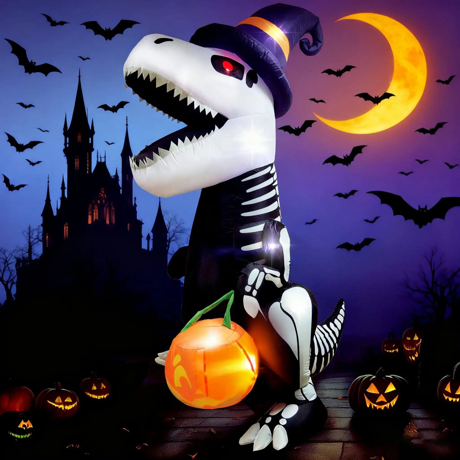 Joyfy 8 FT Halloween Inflatable Skeleton Dinosaur with Build-in LEDs Pumpkin for Halloween Outdoor Blow up Yard Decorations