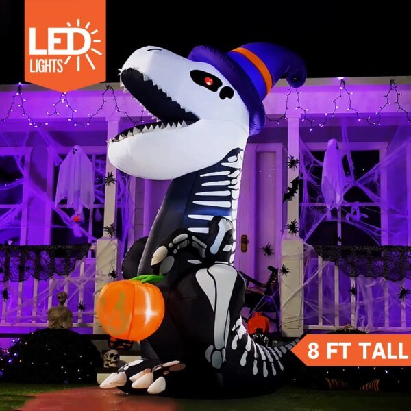 Joyfy 8 FT Halloween Inflatable Skeleton Dinosaur with Build-in LEDs Pumpkin for Halloween Outdoor Blow up Yard Decorations - Image 2