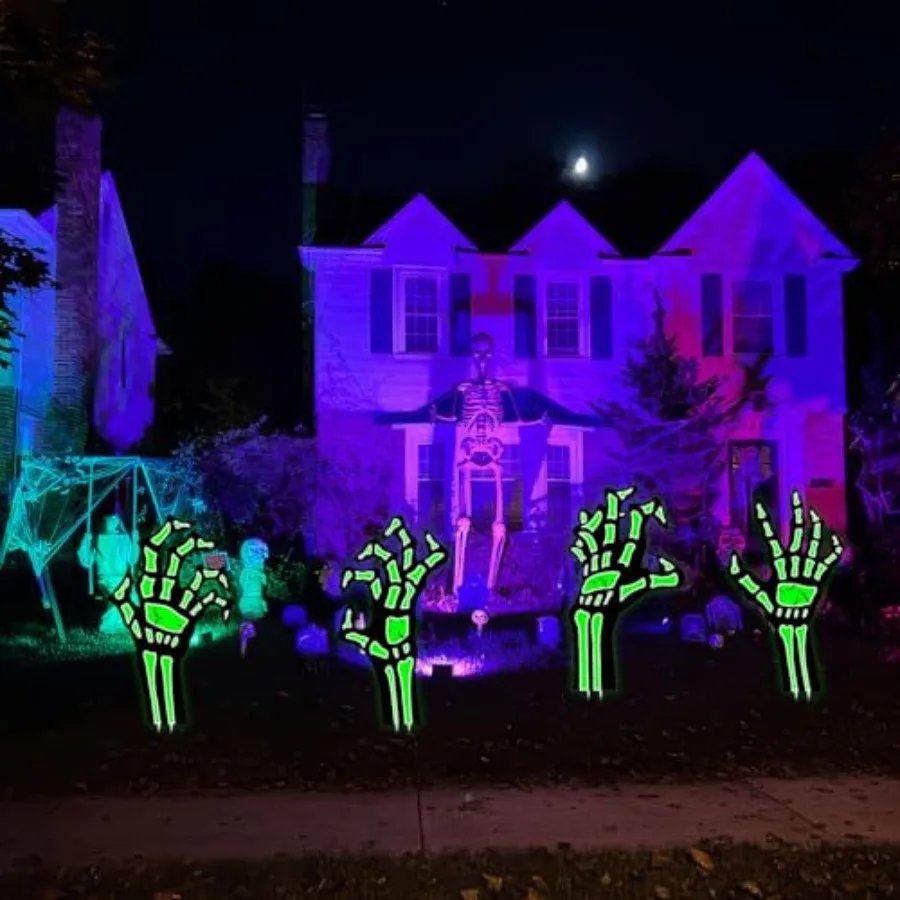 Halloween Glowing Skeleton Hands Outdoor Decor 4PC Set 15 Inch Waterproof Graveyard Stakes for Scary Pathway Party Porch Displa