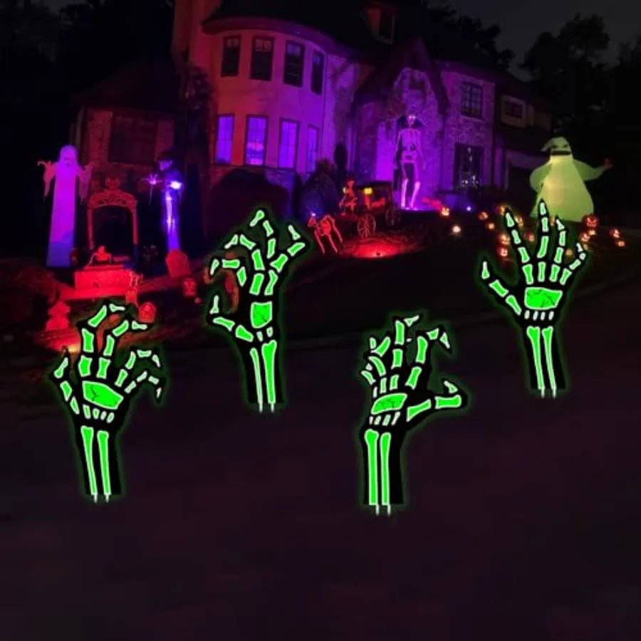 Halloween Glowing Skeleton Hands Outdoor Decor 4PC Set 15 Inch Waterproof Graveyard Stakes for Scary Pathway Party Porch Displa
