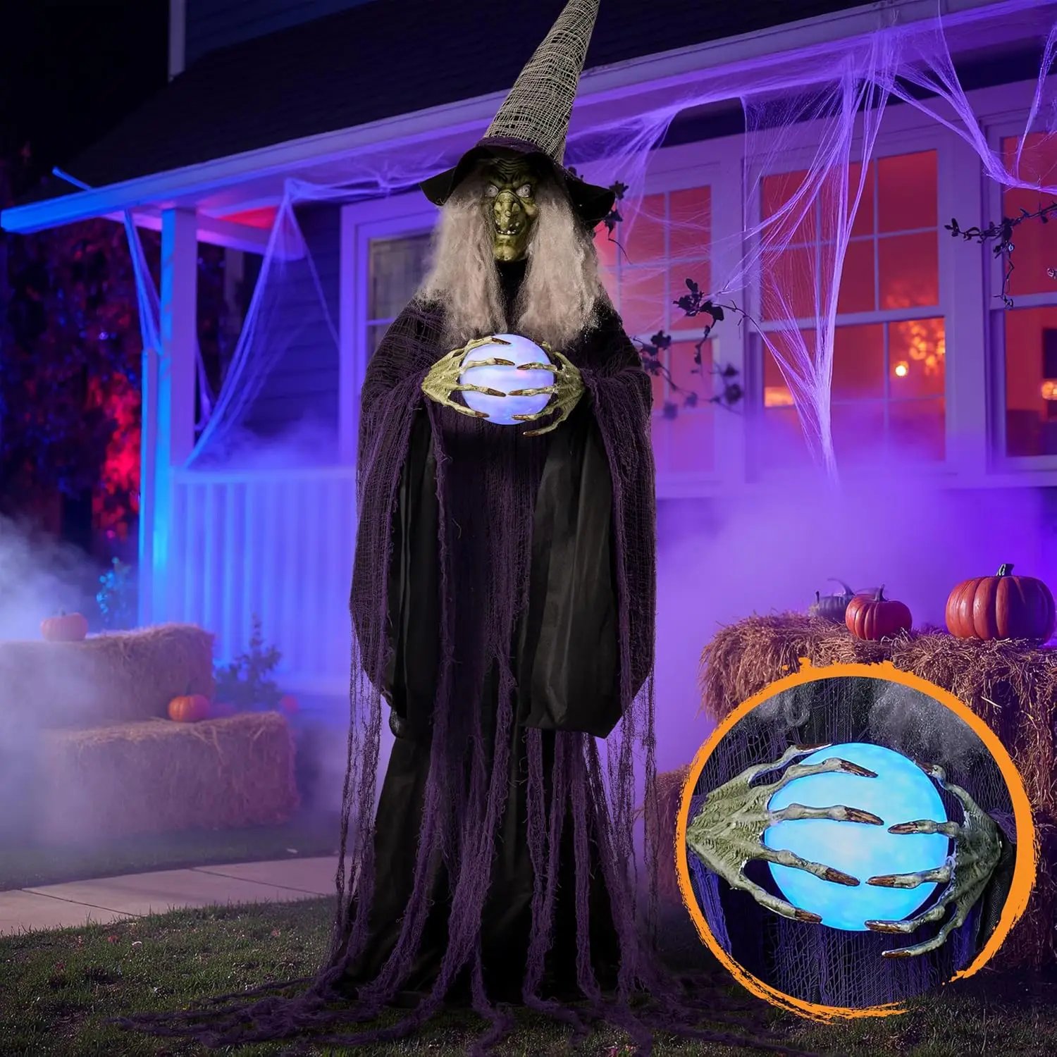 JOYFY 72″ Halloween Witch with Crystal Animated Standing Ghost with Motion and Light for Indoor Haunted House Party Yard