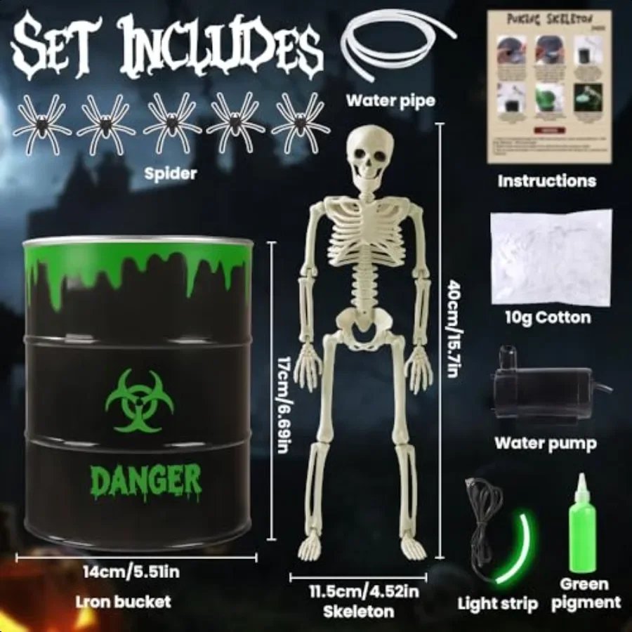 Halloween Decorations Indoor Puking Skeleton with UV Black Light Water Pump Bucket for Halloween Glow in The Dark Party Decorat