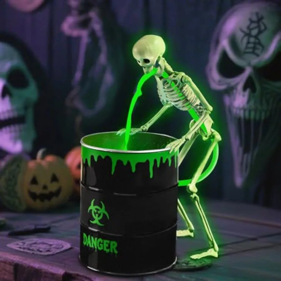 Halloween Decorations Indoor Puking Skeleton with UV Black Light Water Pump Bucket for Halloween Glow in The Dark Party Decorat