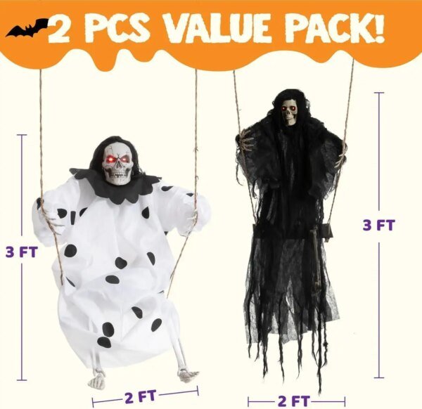 Joyfy 2 Packs Halloween Hanging Skeleton Ghosts 3 ft Light Up Grim Reaper Decorations for Halloween Decorations Outdoor Yard - Image 6