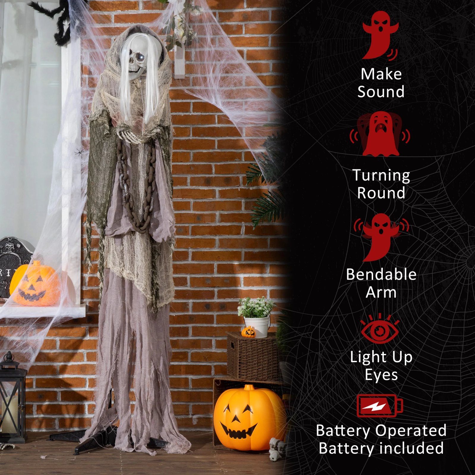 72-Inch Outdoor Halloween Decorations Skeleton Witch, Life Size Animated Scare Prop