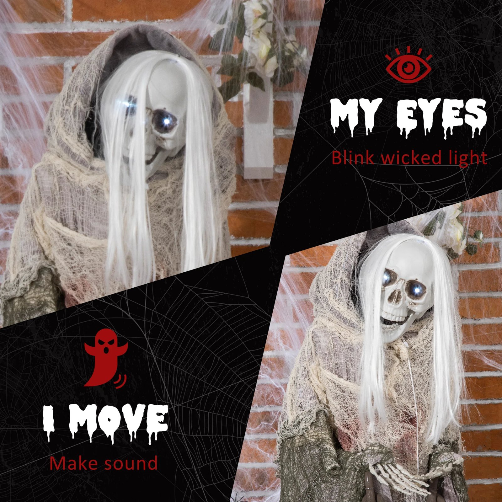 72-Inch Outdoor Halloween Decorations Skeleton Witch, Life Size Animated Scare Prop