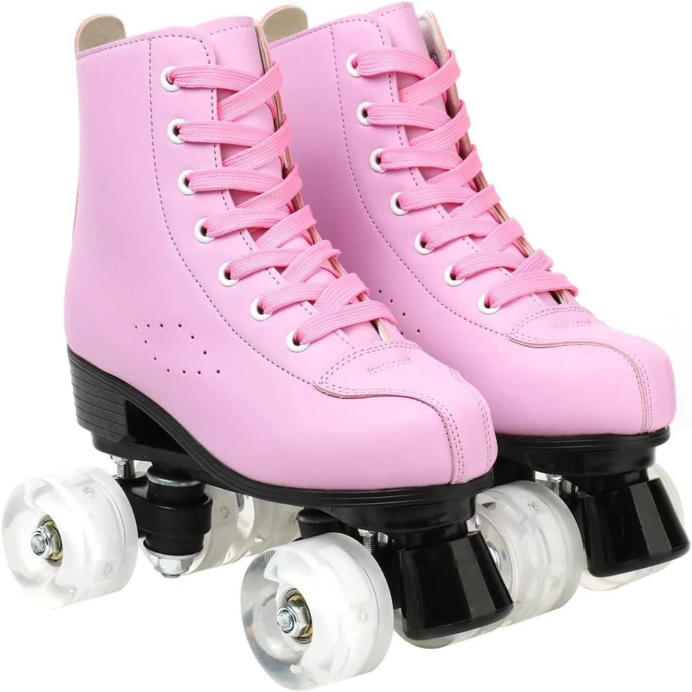 Pink Roller Skate Shoes PU Leather Roller Skates Skating Shoes Sliding Inline Quad Skates Sneakers 4 Wheels Flash Wheel Sneakers