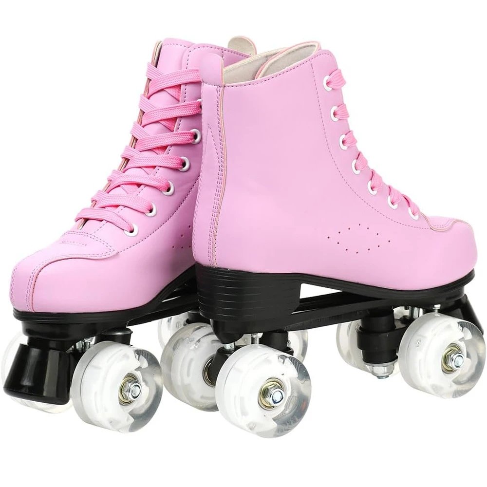 Pink Roller Skate Shoes PU Leather Roller Skates Skating Shoes Sliding Inline Quad Skates Sneakers 4 Wheels Flash Wheel Sneakers