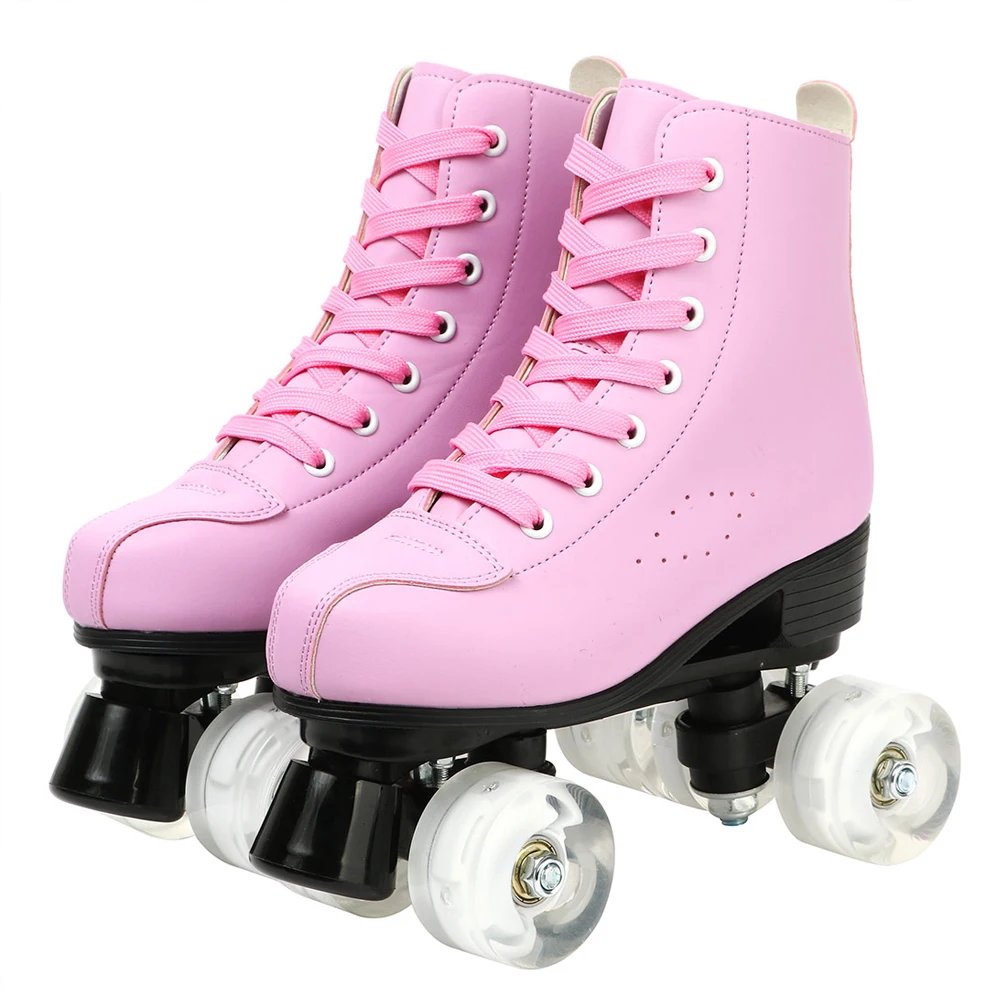 Pink Roller Skate Shoes PU Leather Roller Skates Skating Shoes Sliding Inline Quad Skates Sneakers 4 Wheels Flash Wheel Sneakers