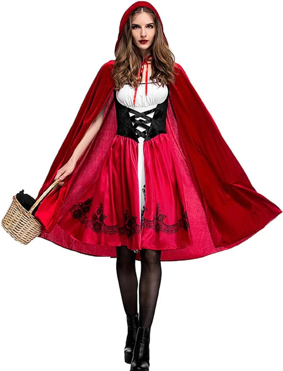 Women’s Little Red Riding Hood Costume Halloween Cosplay Little Red Riding Hood Outfit Robe Cloak Full Length Hooded