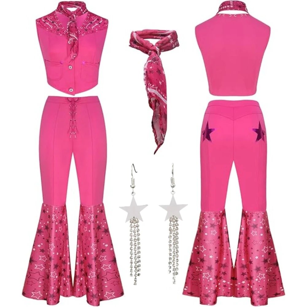 Movie Barbi Cosplay Rose Red Bell Bottoms Cosplay Barbe Adult Suit Clothing Party with earrings and Scarf Halloween Costumes