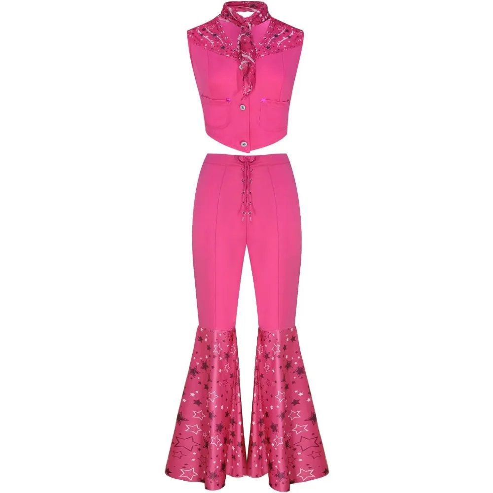 Movie Barbi Cosplay Rose Red Bell Bottoms Cosplay Barbe Adult Suit Clothing Party with earrings and Scarf Halloween Costumes