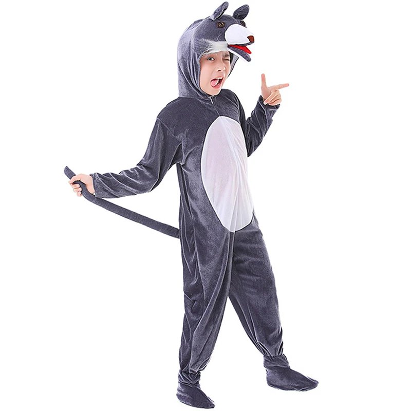 Adult Kids Halloween Wolf Costume Long Sleeve Animal Jumpsuit Cosplay Outfits Funny Werewolf Dress Up Costume