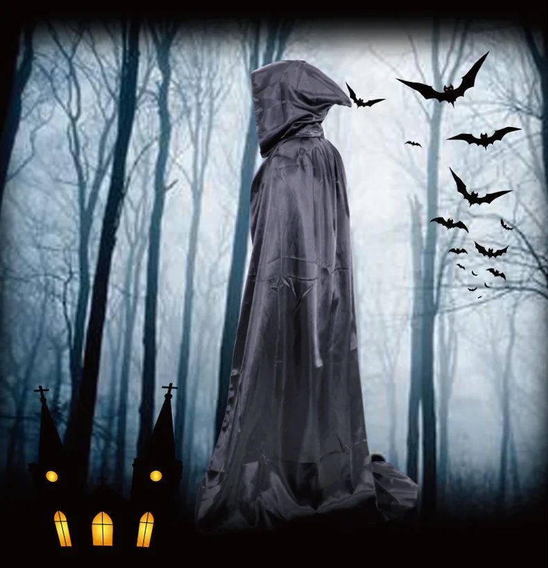 Halloween Cloak Soft Unisex Hooded Black Robe Witch Long Cape Cosplay Costume Prop Party Performance Supplies Holiday Decoration
