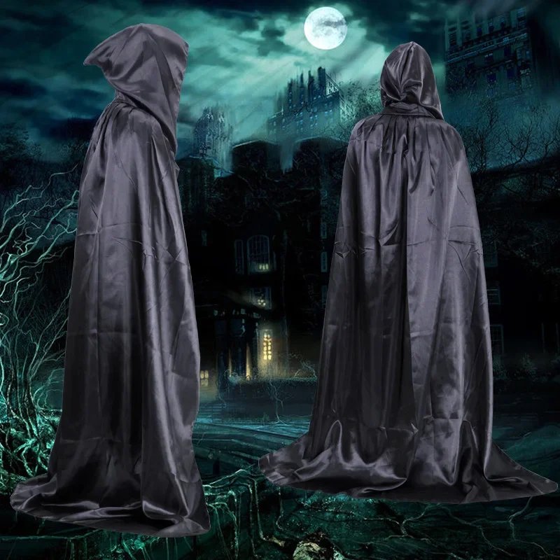 Halloween Cloak Soft Unisex Hooded Black Robe Witch Long Cape Cosplay Costume Prop Party Performance Supplies Holiday Decoration