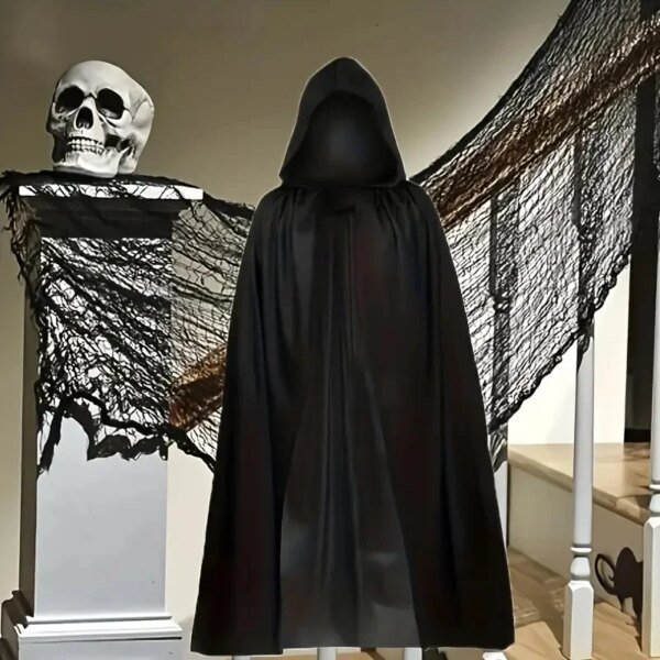 Halloween Cloak Soft Unisex Hooded Black Robe Witch Long Cape Cosplay Costume Prop Party Performance Supplies Holiday Decoration - Image 2
