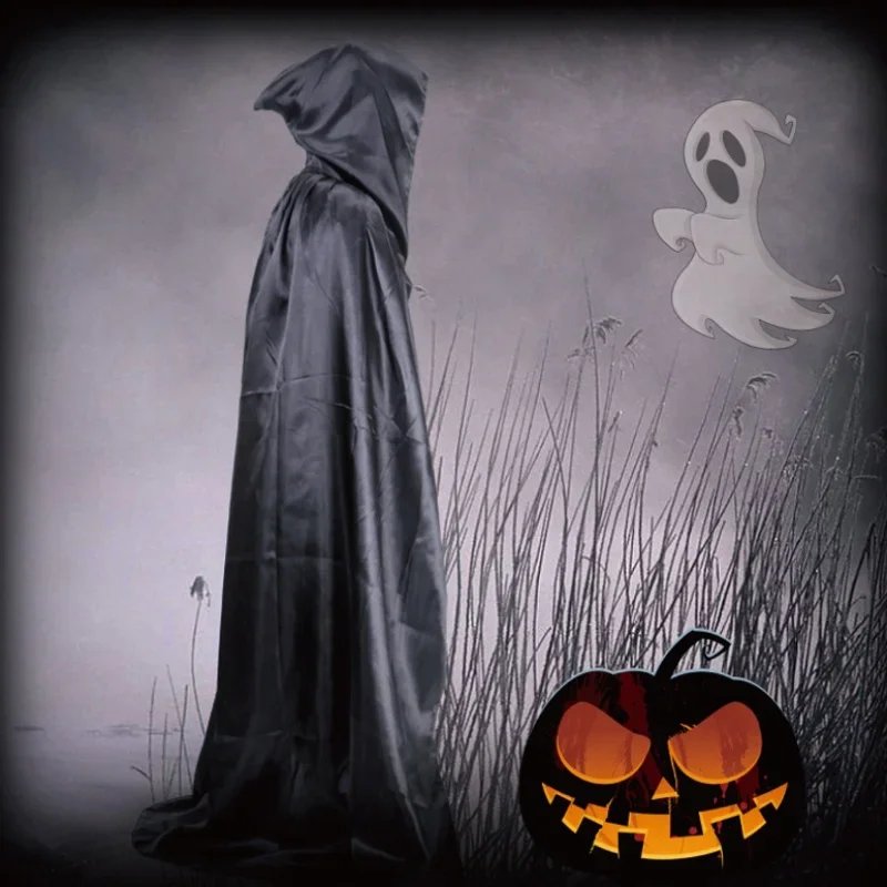 Halloween Cloak Soft Unisex Hooded Black Robe Witch Long Cape Cosplay Costume Prop Party Performance Supplies Holiday Decoration