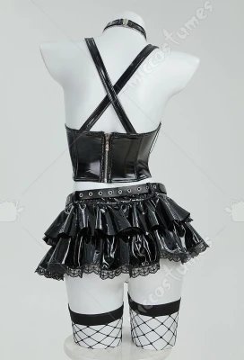 MEOWCOS Misa Gothic Black Lingerie Set Cami Top and Mini Skirt with Sleeves and Necklace Cosplay Costume for Halloween