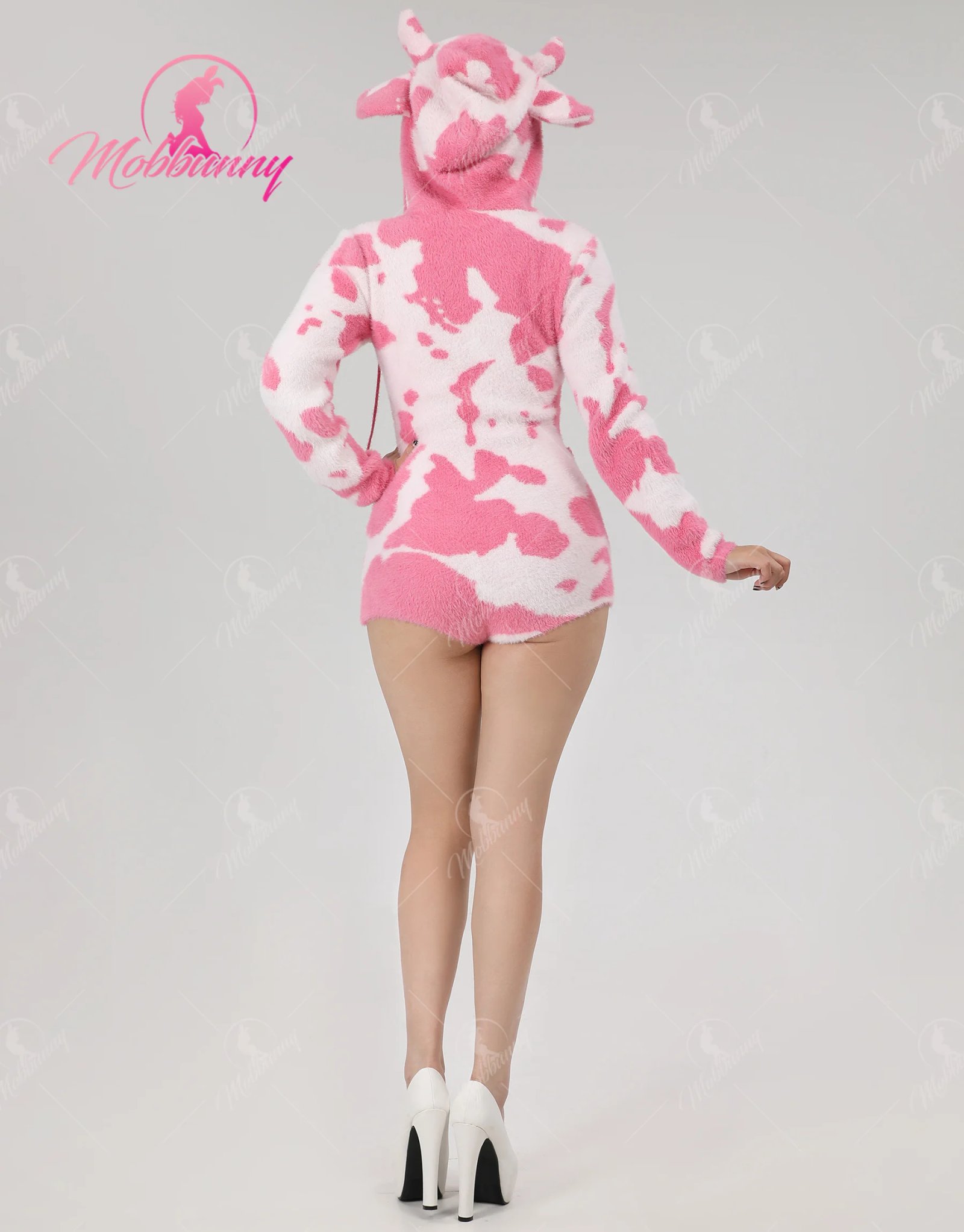 MOBBUNNY Women's Catsuit Cosplay Costume Fuzzy Knit Sweater Pajamas Pink Cow Print Jumpsuit Fluffy Hooded Romper Bodysuit