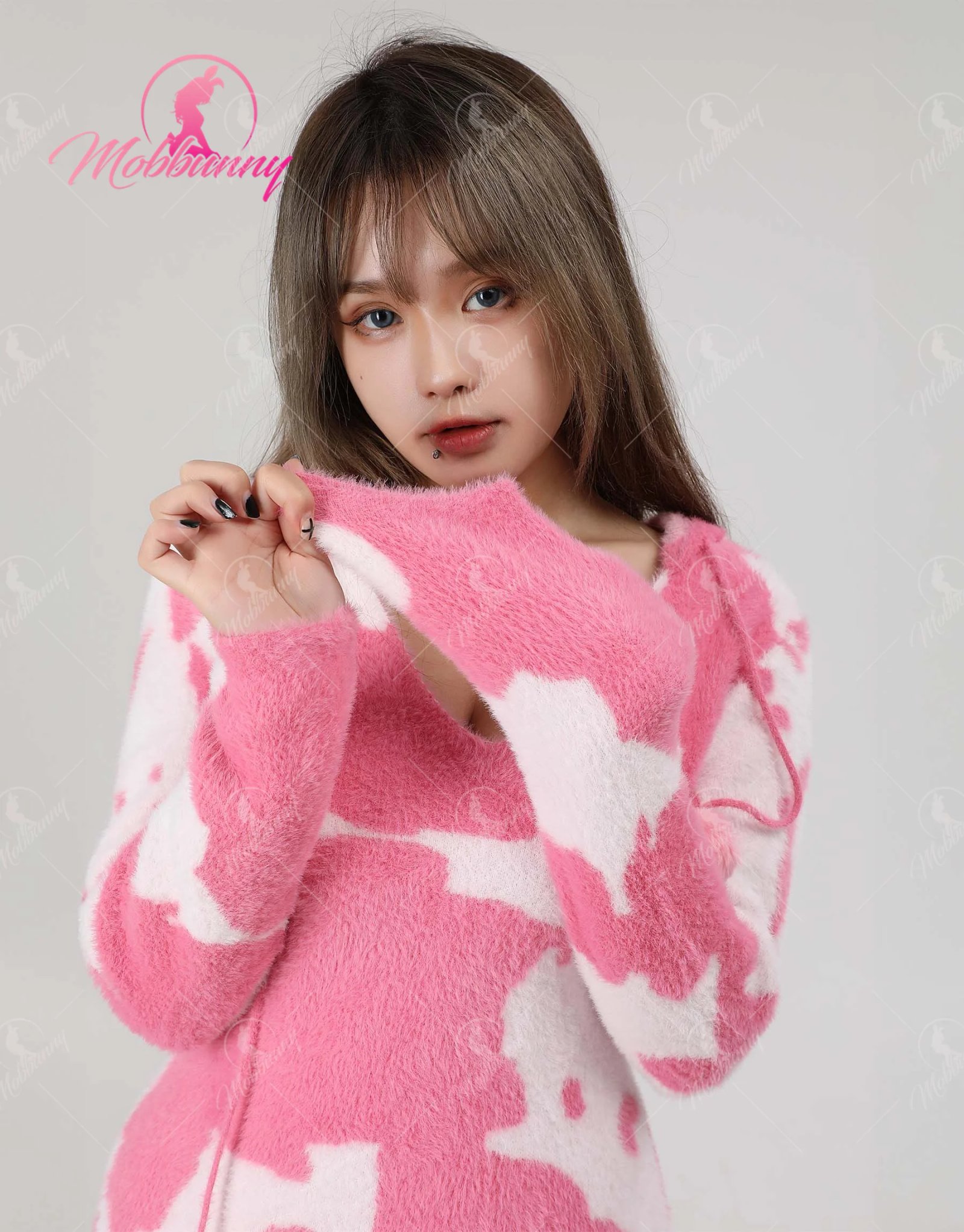 MOBBUNNY Women's Catsuit Cosplay Costume Fuzzy Knit Sweater Pajamas Pink Cow Print Jumpsuit Fluffy Hooded Romper Bodysuit
