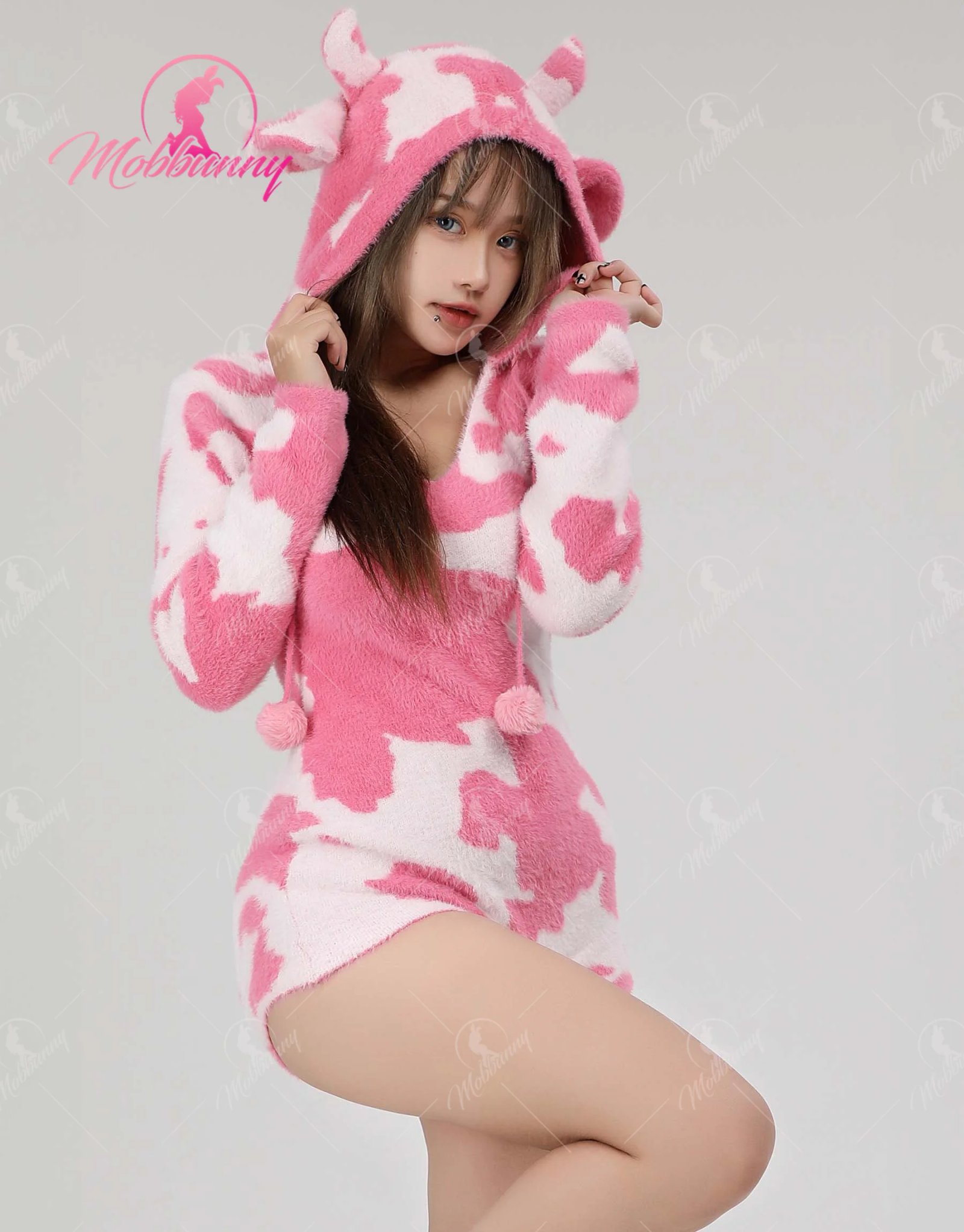MOBBUNNY Women's Catsuit Cosplay Costume Fuzzy Knit Sweater Pajamas Pink Cow Print Jumpsuit Fluffy Hooded Romper Bodysuit
