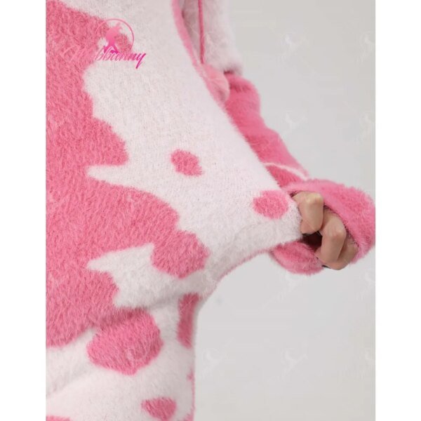 MOBBUNNY Women's Catsuit Cosplay Costume Fuzzy Knit Sweater Pajamas Pink Cow Print Jumpsuit Fluffy Hooded Romper Bodysuit - Image 6