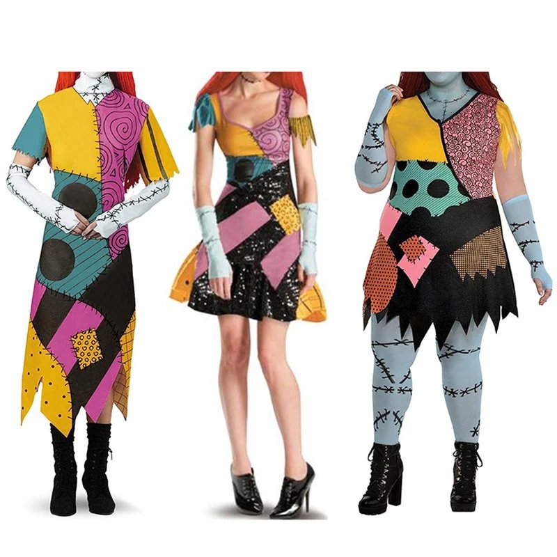 Halloween Anime Movie Sally Cosplay Dress Party Set Costume Christmas Women Slim Jumpsuit Catsuit Zentai Bodysuit Gothic Leggins