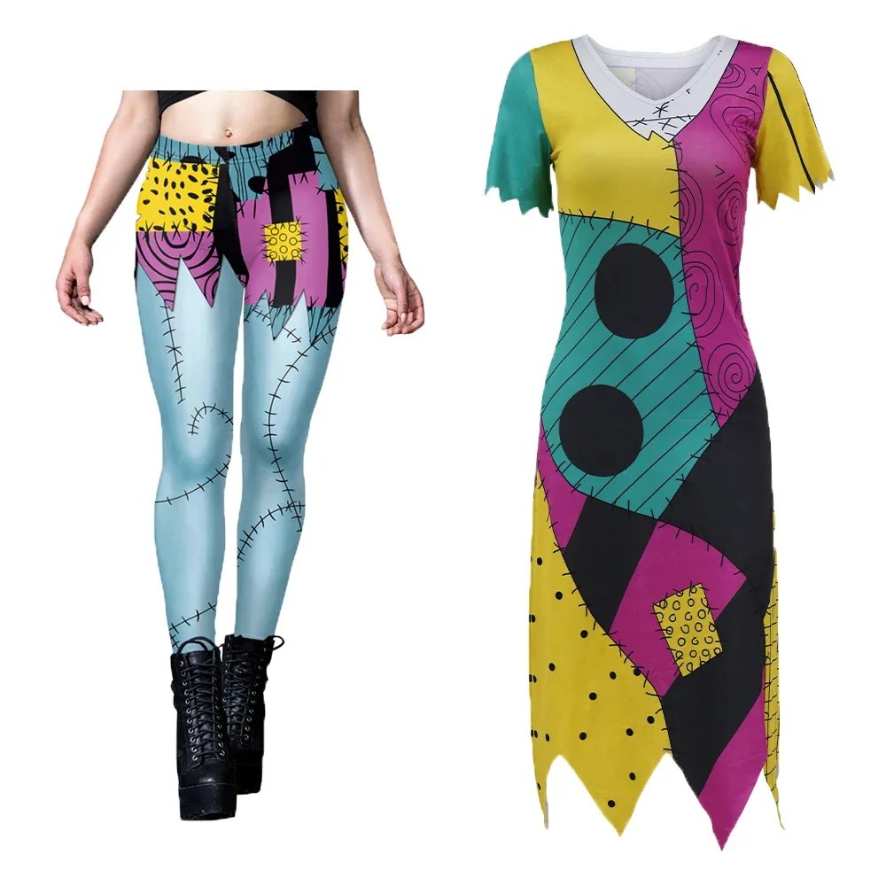 Cosplay Movie Sally Costume Women Zentai Bodysuits Dress Set Nightmare Christmas Disguise Party Scary Sally Leggings Halloween
