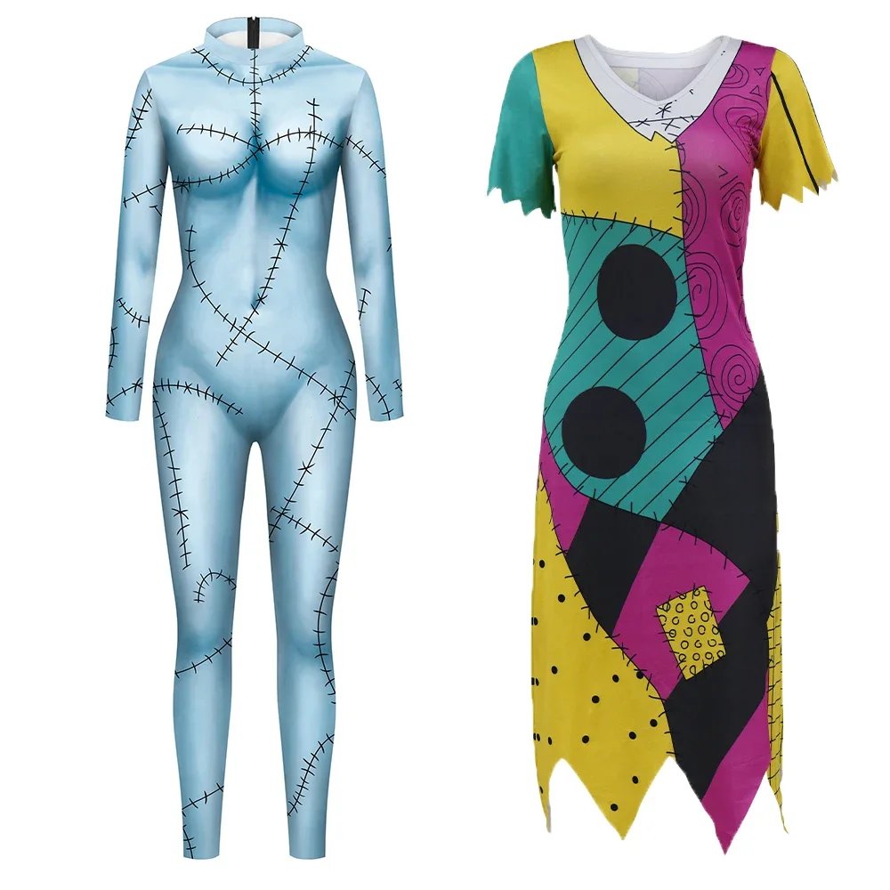 Cosplay Movie Sally Costume Women Zentai Bodysuits Dress Set Nightmare Christmas Disguise Party Scary Sally Leggings Halloween