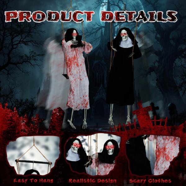 Outdoor Halloween Decorations 2 Packs Hanging Ghosts Decor with Lighted Up Eyes and Horror Scream, 3ft Scary Swinging Ghost - Image 3