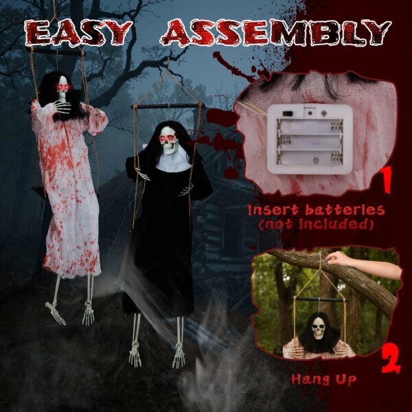 Outdoor Halloween Decorations 2 Packs Hanging Ghosts Decor with Lighted Up Eyes and Horror Scream, 3ft Scary Swinging Ghost - Image 2