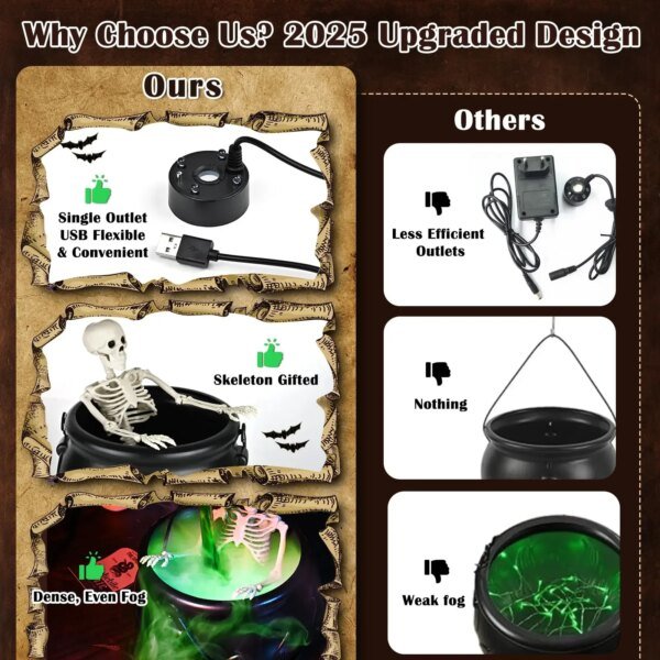Halloween WitchCauldron with LED Light & Fog Mist Maker Skeleton Decor for Spooky Hocus Pocus Party, Home, Halloween Party - Image 3