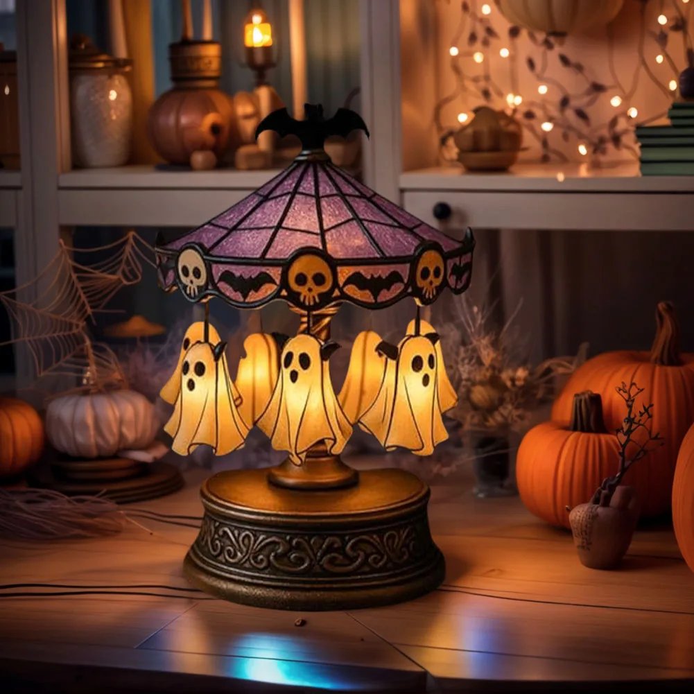 Halloween Vintage Lamp Ghost Night Light Stained Glass Carousel Night Light for Tabletop Mantel Or Bedroom