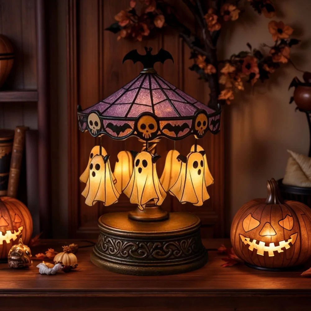 Halloween Vintage Lamp Ghost Night Light Stained Glass Carousel Night Light for Tabletop Mantel Or Bedroom