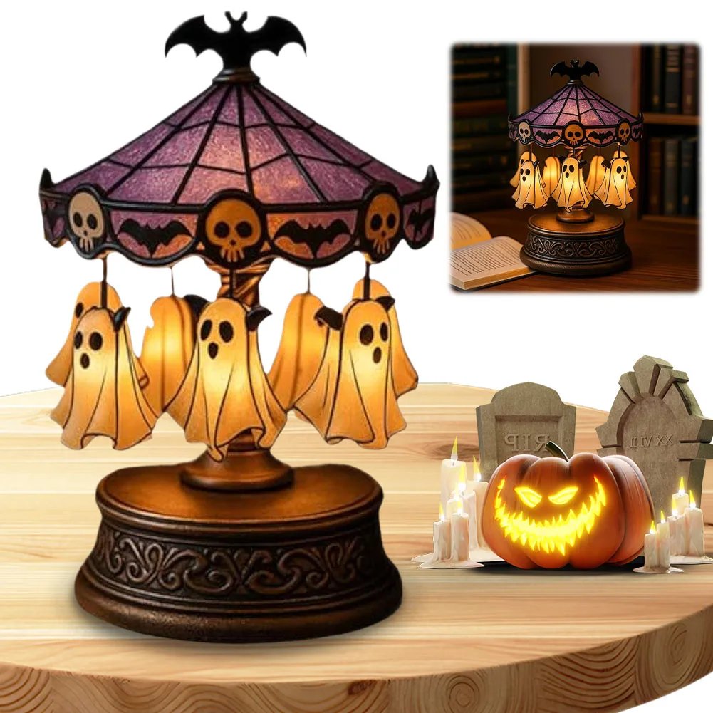 Halloween Vintage Lamp Ghost Night Light Stained Glass Carousel Night Light for Tabletop Mantel Or Bedroom