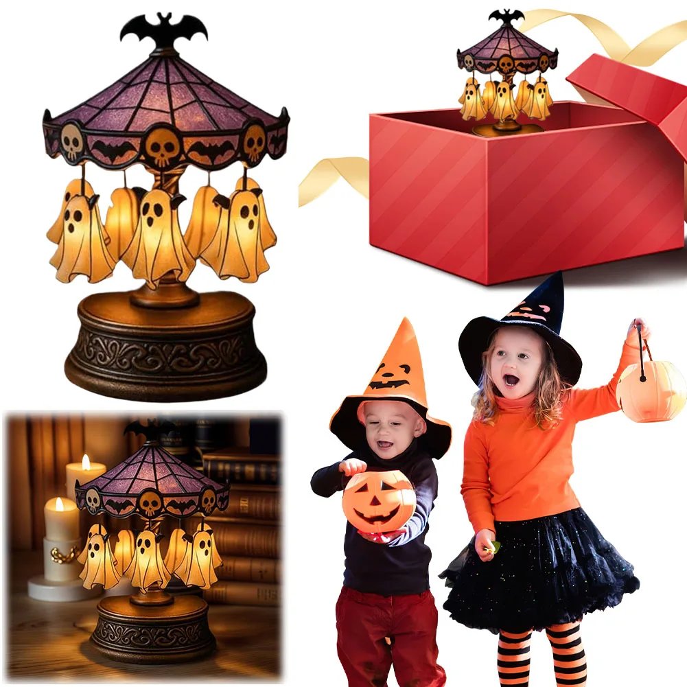 Halloween Vintage Lamp Ghost Night Light Stained Glass Carousel Night Light for Tabletop Mantel Or Bedroom