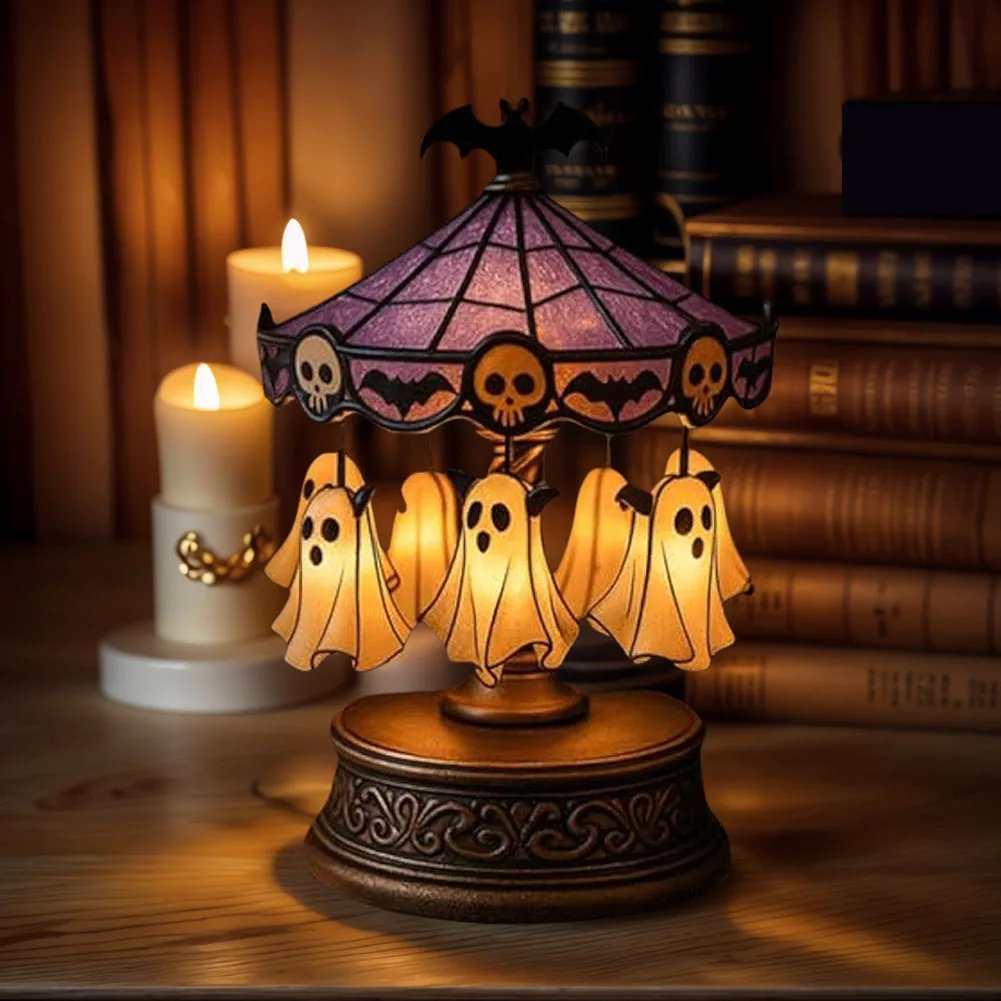 Halloween Vintage Lamp Ghost Night Light Stained Glass Carousel Night Light for Tabletop Mantel Or Bedroom