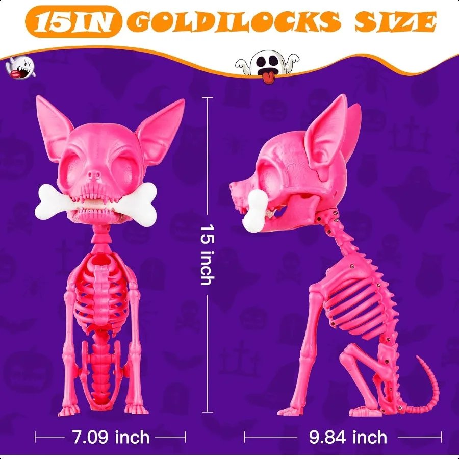 Halloween Skeleton Dog Decor 15inch Pink Cute Puppy Bones Realistic ABS Animal Skeleton for Outdoor Indoor Graveyard Party Disp