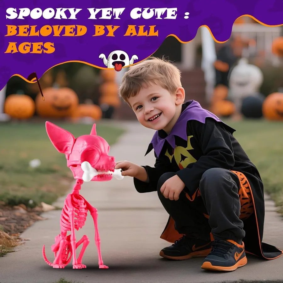 Halloween Skeleton Dog Decor 15inch Pink Cute Puppy Bones Realistic ABS Animal Skeleton for Outdoor Indoor Graveyard Party Disp
