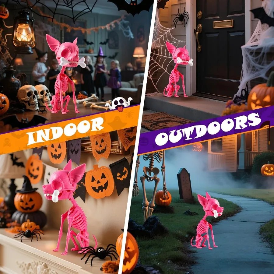 Halloween Skeleton Dog Decor 15inch Pink Cute Puppy Bones Realistic ABS Animal Skeleton for Outdoor Indoor Graveyard Party Disp