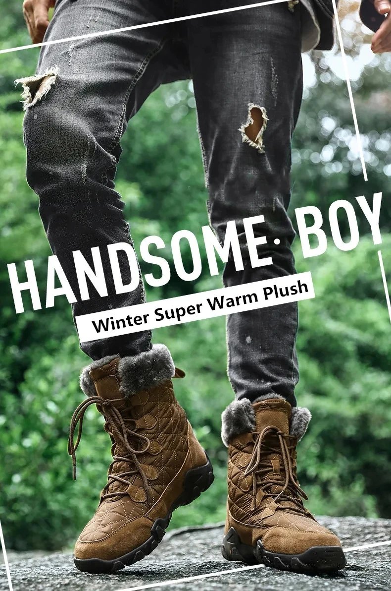 New Winter Men Snow Boots Fur Plush Warm Men Ankle Boots Plus Size Waterproof Men Boots Outdoor Non-Slip Hiking Boots Work Shoes