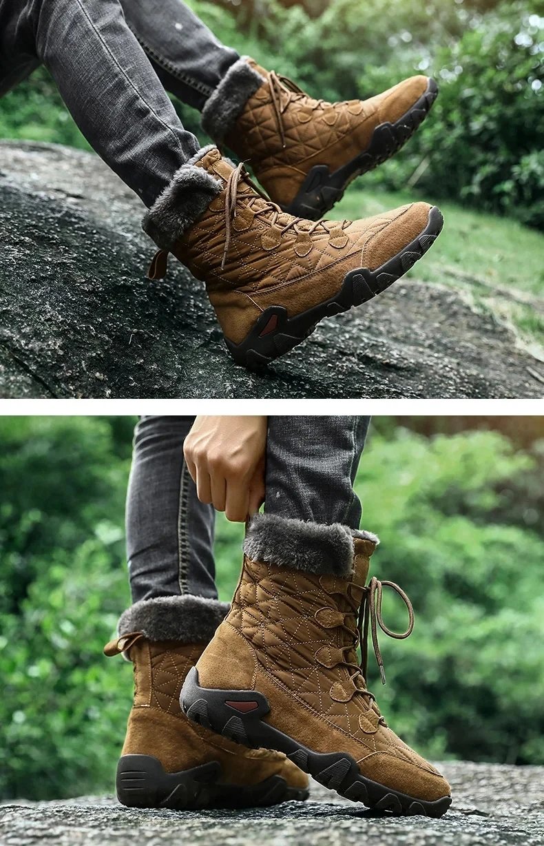 New Winter Men Snow Boots Fur Plush Warm Men Ankle Boots Plus Size Waterproof Men Boots Outdoor Non-Slip Hiking Boots Work Shoes